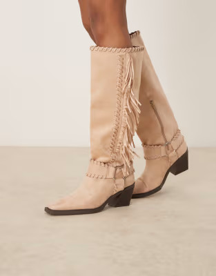 ASOS DESIGN Cristina western fringed knee boots in beige | ASOS | ASOS (Global)