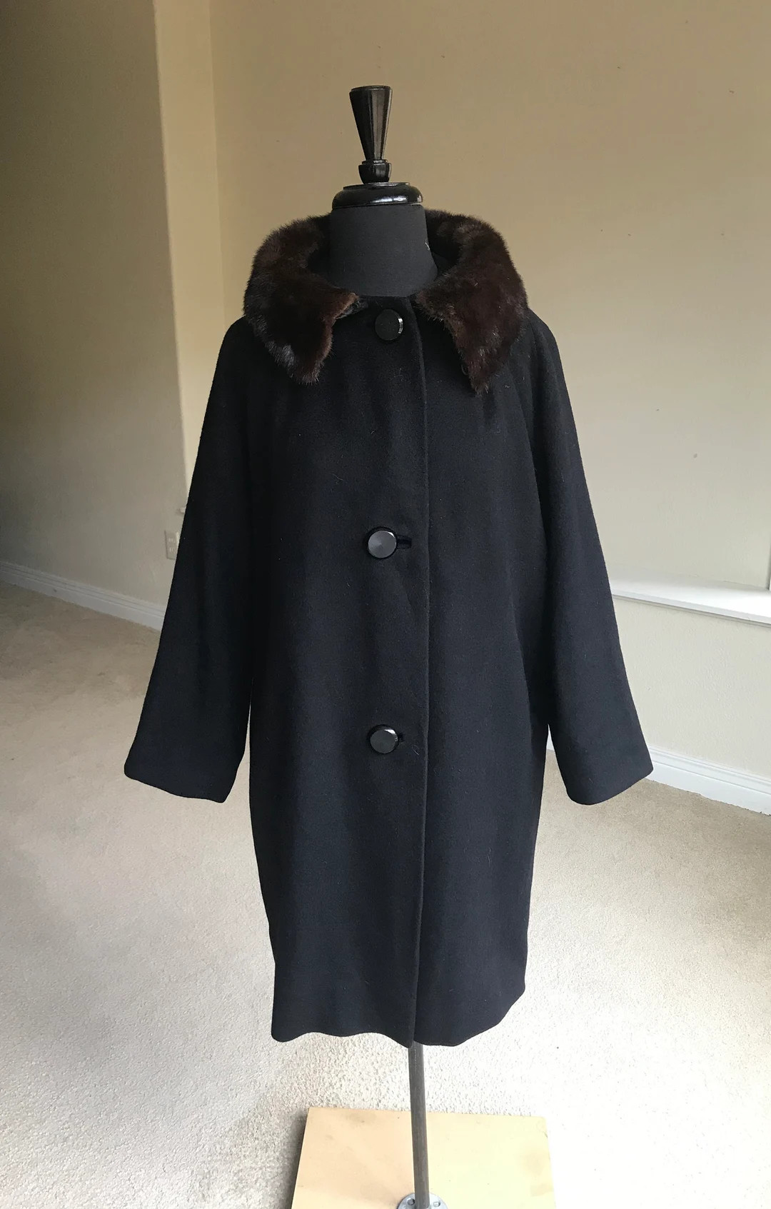 Vintage Modern Black Cashmere Coat Mink Fur Collar - Etsy | Etsy (US)