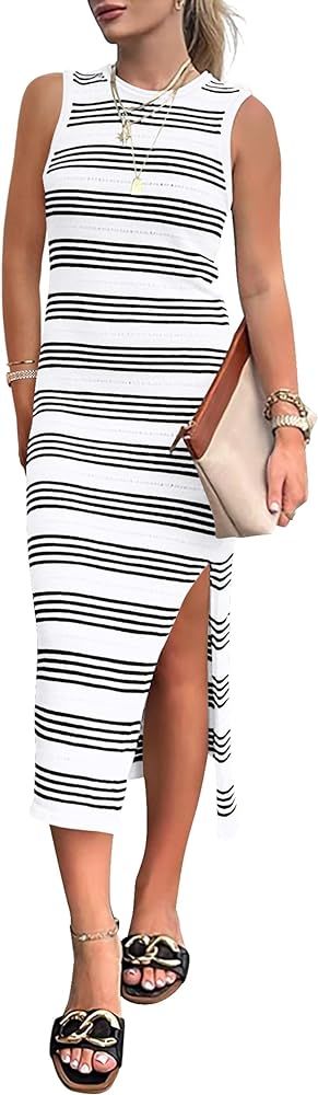 Pretty Garden Womens Knit Side Slit Striped Long Tank Dress | Amazon (US)