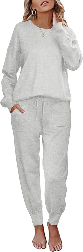 Ekouaer Women's 2 Piece Lounge Set Long Sleeve Knit Pajamas Sweatsuit Jogger Pant Outfits With Po... | Amazon (US)