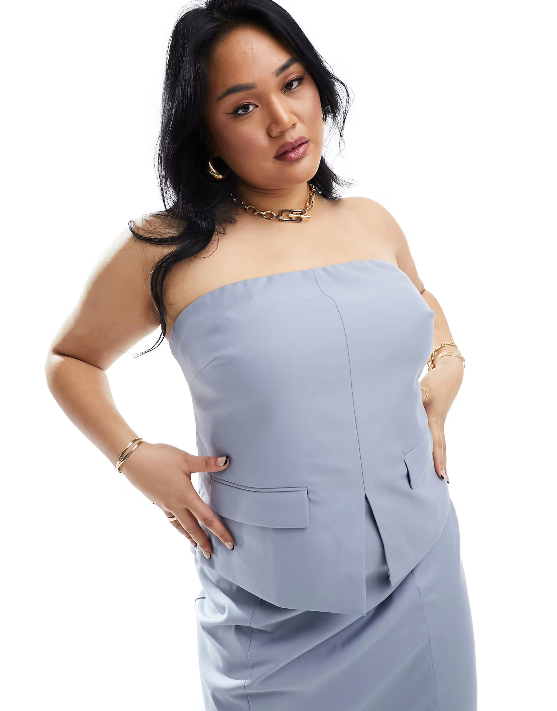 4th & Reckless Plus – Exklusiv – Elegantes, trägerloses Oberteil in Blau mit Schlitz, Kombit... | ASOS (Global)