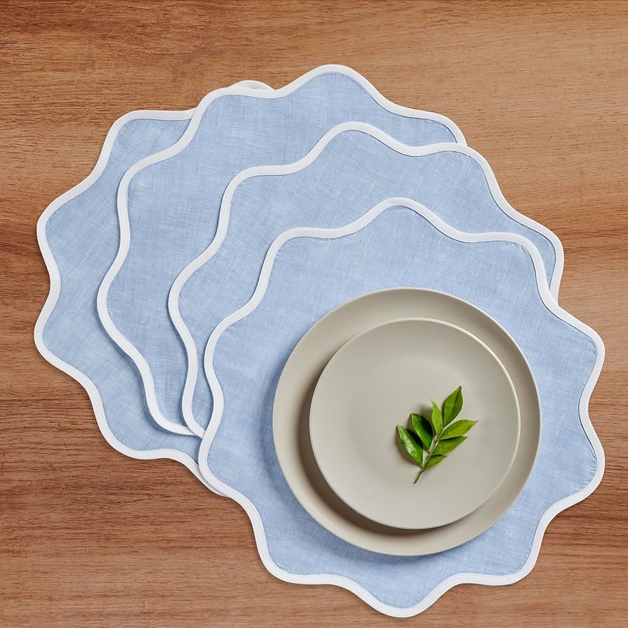 Solino Home Scallop Linen Placemats 16 Inch - 100% Pure Linen White and Chambray Blue Round Cloth... | Amazon (US)