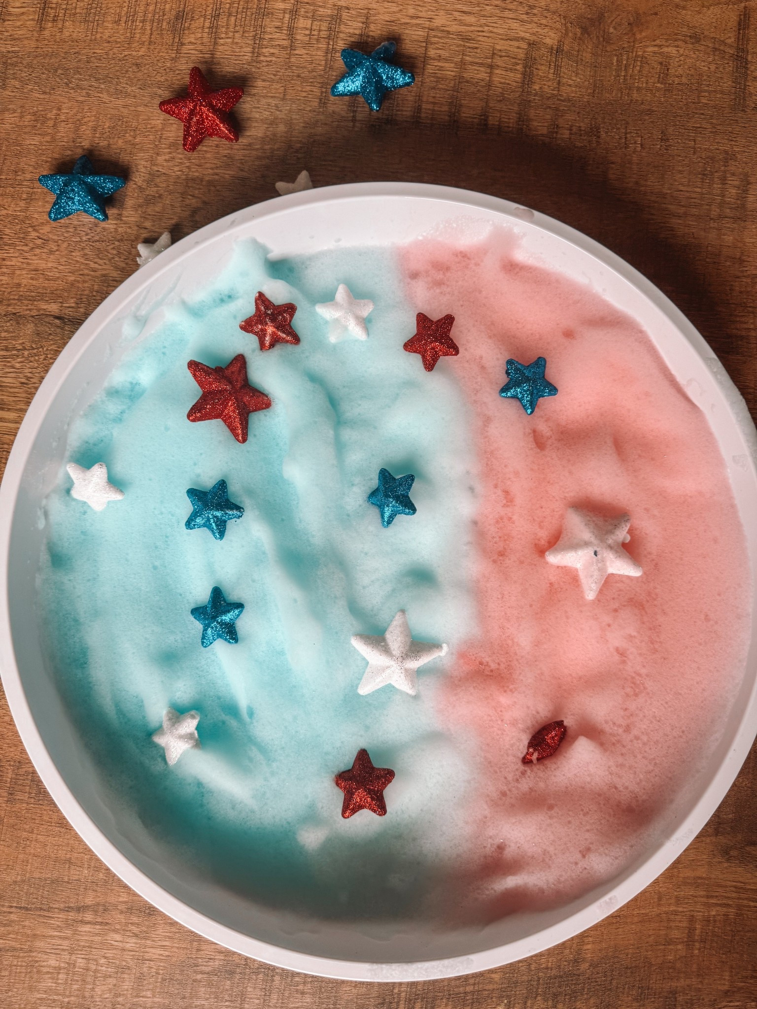 BUBBLE SENSORY FOAM 🫧

mix some bubble bath with water & food coloring. Whip it up with a mixer to make a fun fluffy sensory base! We themed our tray for Memorial Day ❤️🤍💙

#toddleractivities #sensoryactivities #sensorybin #redwhiteandblue #learningthroughplay #sensoryplay #childrensplay #bubblefoam 

#LTKKids #LTKSeasonal #LTKFamily