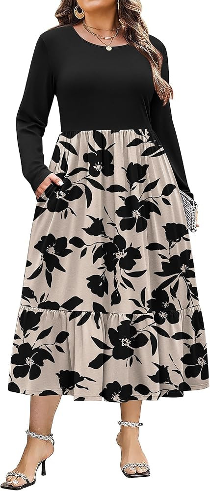 IN'VOLAND Women Plus Size Long Sleeve Dress Loose Casual Flowy Tiered Long Maxi Dresses with Pockets | Amazon (US)