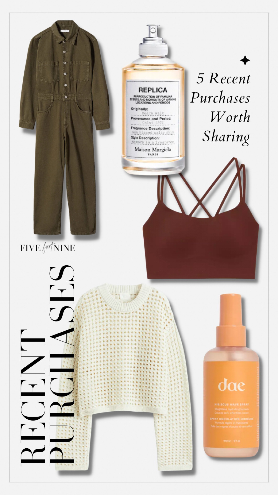 Recent purchases // denim jumpsuit, perfume, sports bra, wave spray, beach sweater 

#LTKunder100