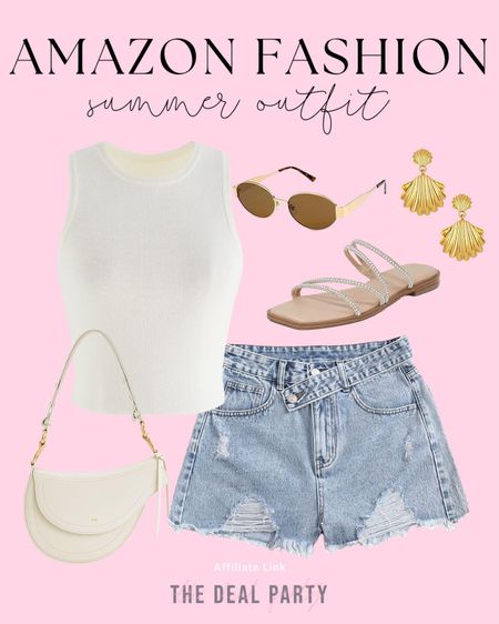 Amazon fashion | Amazon summer outfit | Amazon denim shorts | Amazon summer sweater | Amazon designer style sunglasses | Amazon rhinestone strappy sandals | Amazon gold shell earrings | Amazon summer handbag 

#LTKStyleTip #LTKSeasonal #LTKFindsUnder100