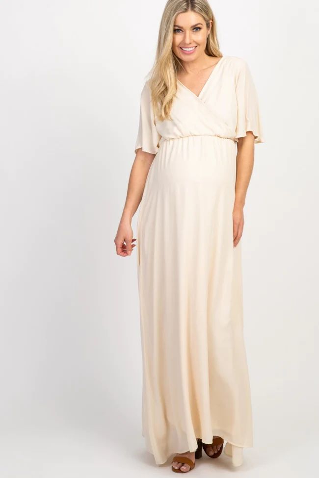 PinkBlush Beige Chiffon Bell Sleeve Maternity Maxi Dress | PinkBlush Maternity