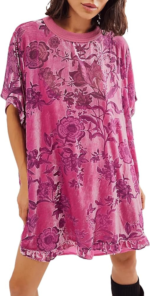 Women Short Sleeve Velvet Mini Dress Vintage Crew Neck Floral Printed Oversized Short Dress Summe... | Amazon (US)
