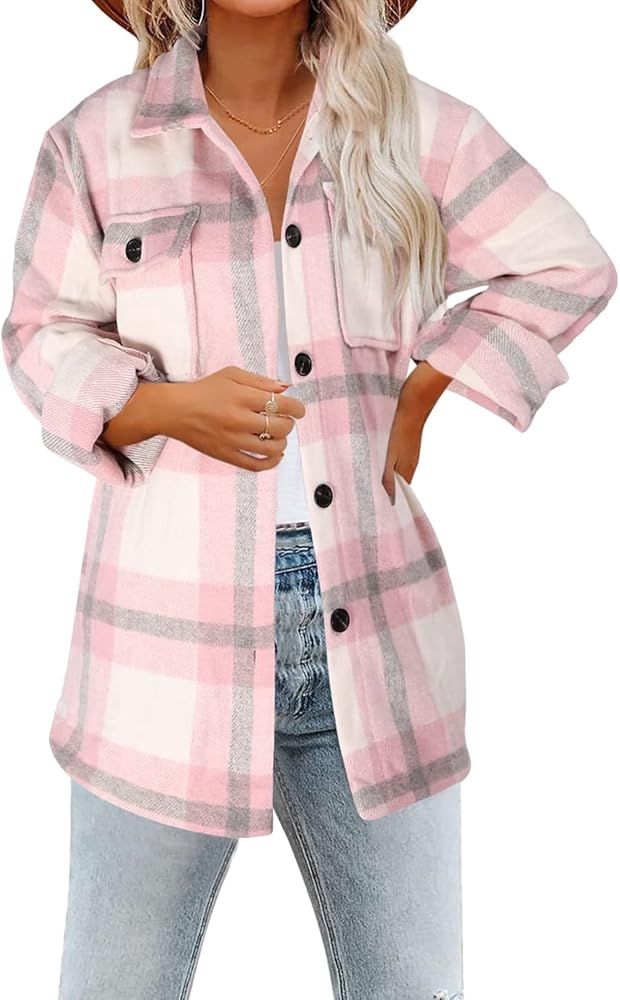 Kalssior Womens Flannel Jacket Plaid Shacket Button Down Oversized Coat Long Sleeve Wool Blend Outwe | Amazon (US)