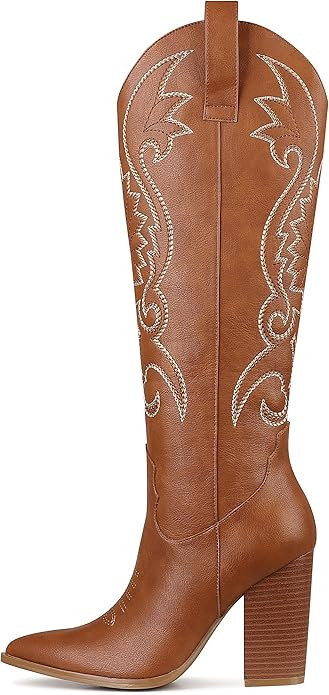 Amazon.com | VOMIRA Knee High Cowboy Boots for Women Pointed Toe Chunky High Heels Pull-on Embroi... | Amazon (US)