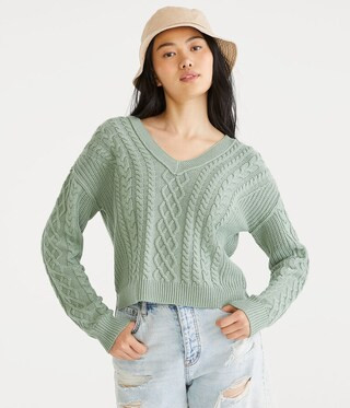 Slouchy Cable V-Neck Sweater | Aeropostale