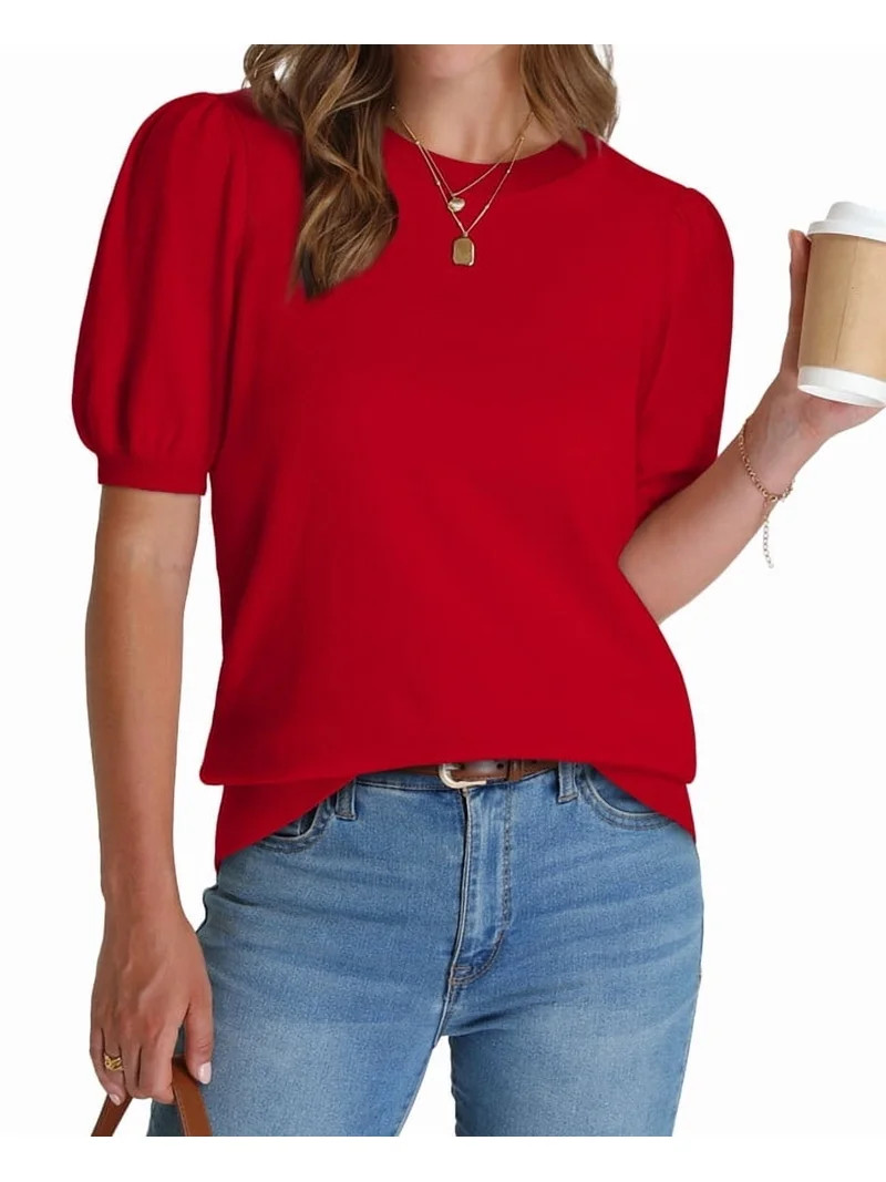 Ronuti Women's Puff Short Sleeve Sweater Tops 2026 Summer Fall Trendy Knit Crew Neck Casual T Shi... | Walmart (US)