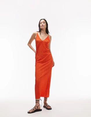 Topshop plisse midi slip dress in orange | ASOS (Global)