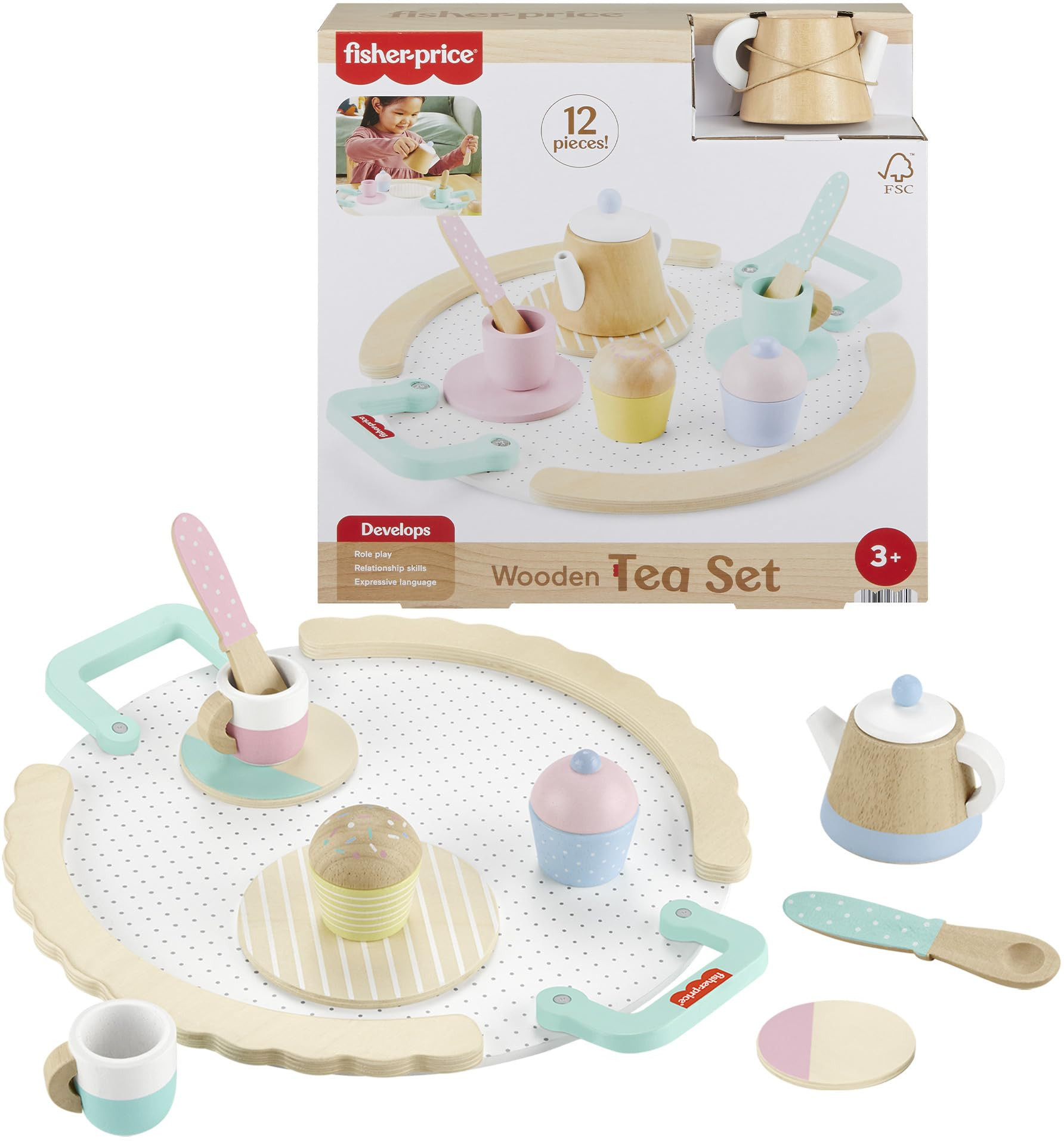 Fisher-Price Wood Pretend Play Toy Tea Set, 12-Piece Wooden Playset with Teapot, Cups & Saucers f... | Amazon (US)