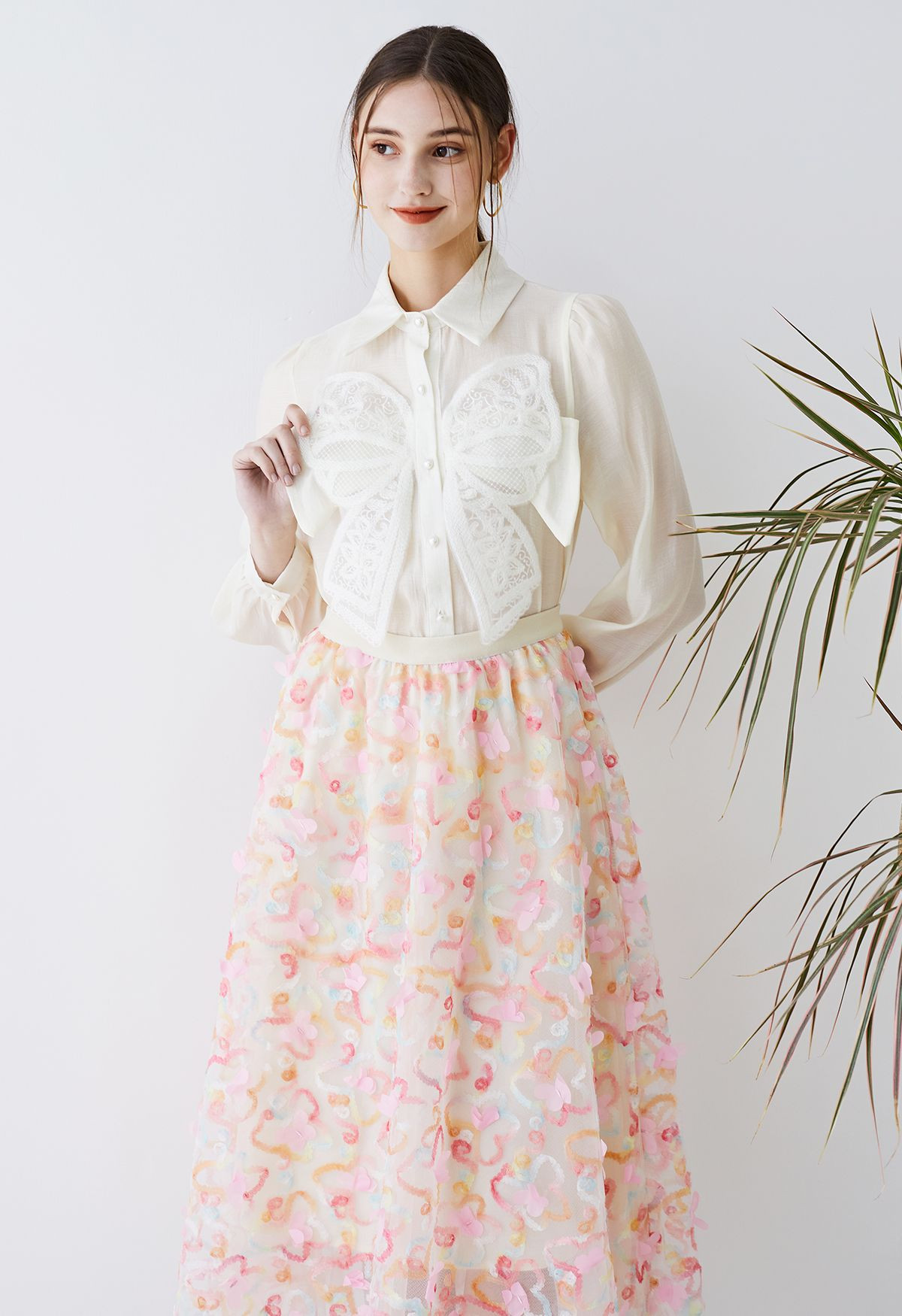 Embroidered Mesh Bowknot Buttoned Shirt | Chicwish