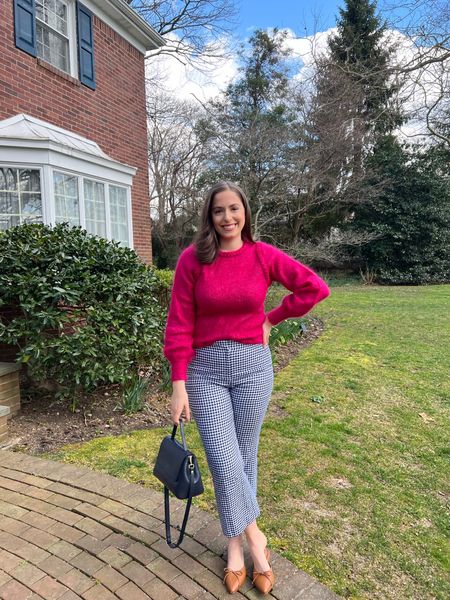 Adding some spring to my step! Get ready for bright colors and warm weather 😊
*gifted sweater @sezane

Pink sweater, sezane, French brand, Parisienne brand, office style, business casual, workwear, gingham pants, spring outfit, spring workwear outfit, office outfit, brown mule, navy bag, navy top handle bag, winter to spring transition outfit, top handle bag, satchel

#LTKfindsunder100 #LTKSeasonal #LTKworkwear