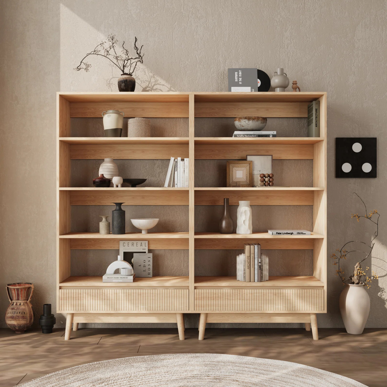 4 Tier Bookcase With Grooved Wooden Storage Drawer (2 Pcs) | Wayfair North America