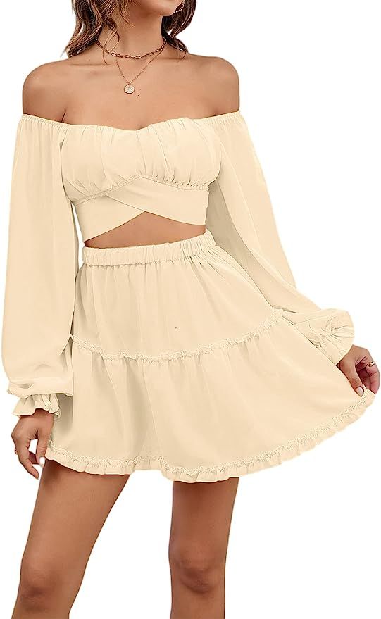 LYANER Women's 2 Piece Outfits Self Tie Knot Crop Top and Mini Skirt Set | Amazon (US)