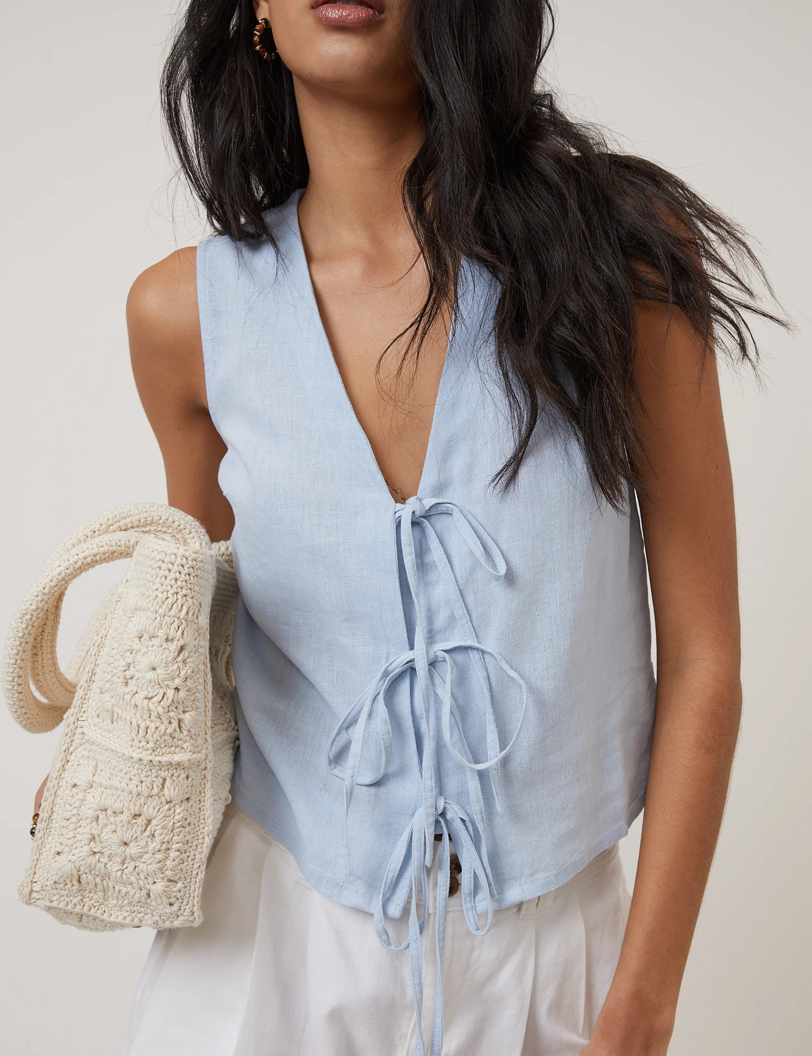 Light Blue Linen-Blend Tie Front Tessa Top | Nobody's Child