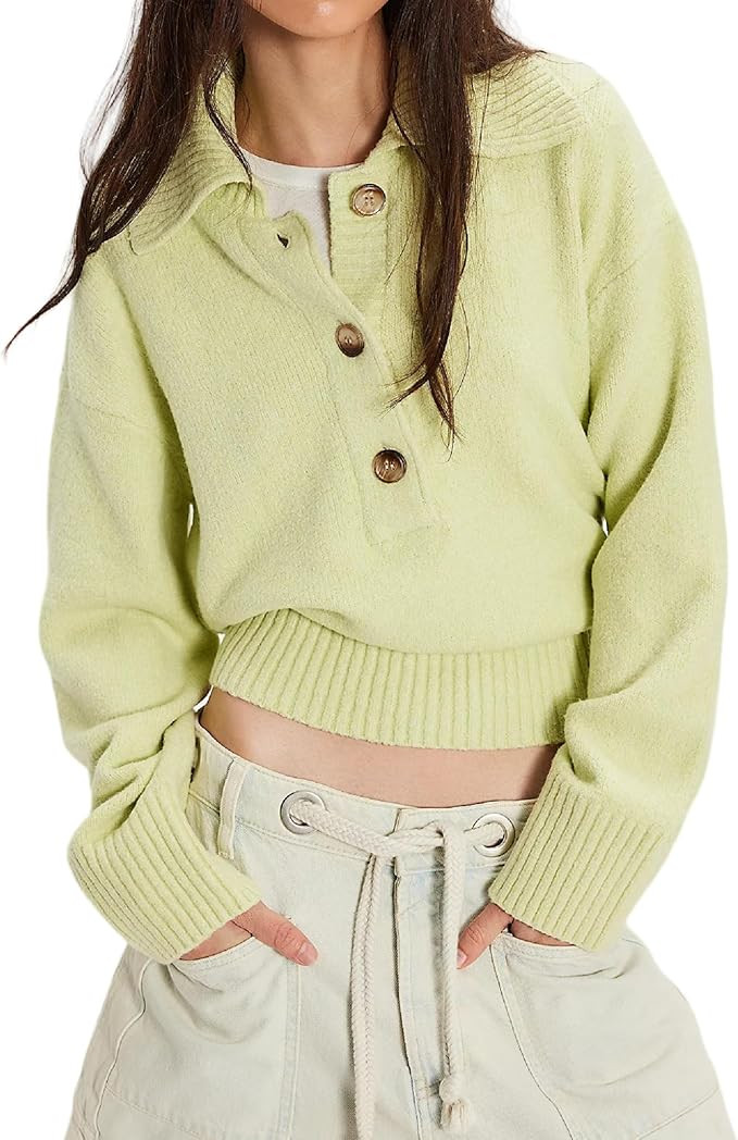 Women Cropped Polo Sweater Long Sleeve Oversized Collared Pullover Casual Lapel V Neck Knitted Ju... | Amazon (US)