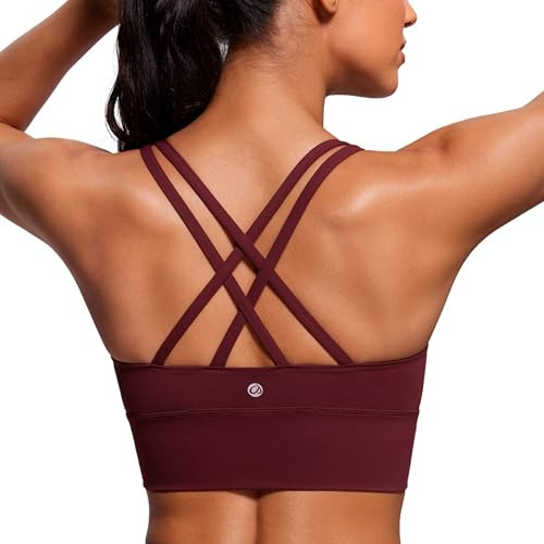 CRZ YOGA Womens Strappy Longline Sports Bra - Medium Impact Criss Cross Yoga Padded Workout Crop Top Red Merlot Large | Amazon (US)