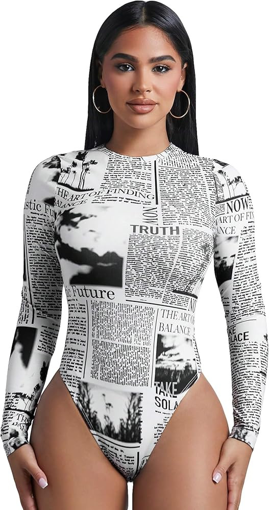 WDIRARA Women's Newspaper Print Long Sleeve Round Neck Knitted Stretchy Slim Fit Bodysuit | Amazon (US)