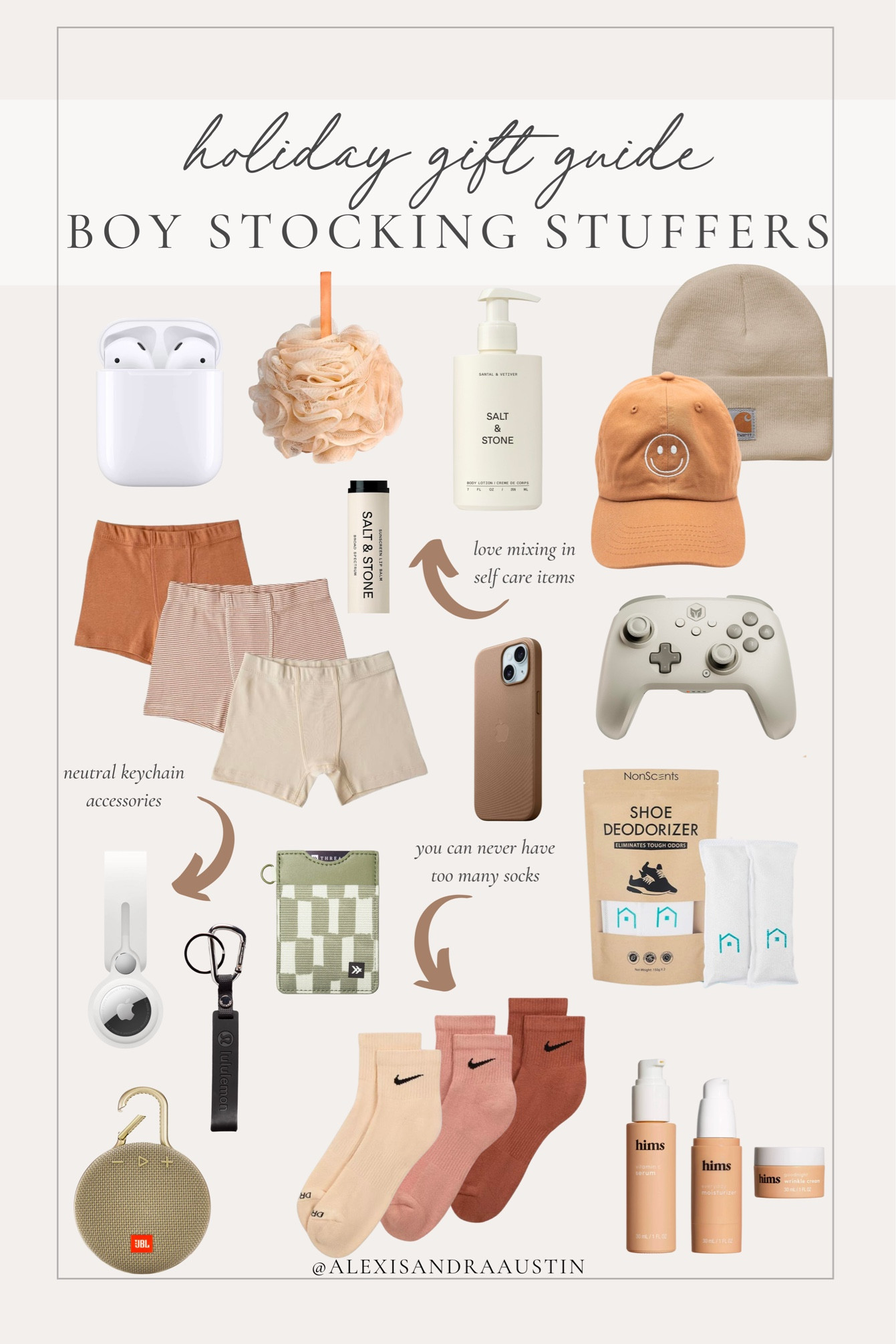 Holiday gift guide - stocking stuffers for the boys! The cutest neutral items to add into stockings or alongside a gift basket

Holiday gift guide, stocking stuffers, boy presents, neutral boy finds, self care gifts, gaming gifts, socks, keychain accessories, men’s self care, loofah, neutral hat, phone case, Target style, found it on Amazon, Salt and Stone, shop the look!

#LTKSeasonal #LTKGiftGuide #LTKHoliday