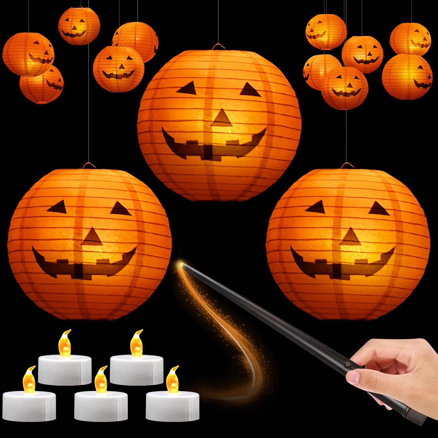 12pcs 10in Floating Jack-O-Lanterns with Wand Remote and 24pcs LED Tea Lights for Decor | Amazon (US)