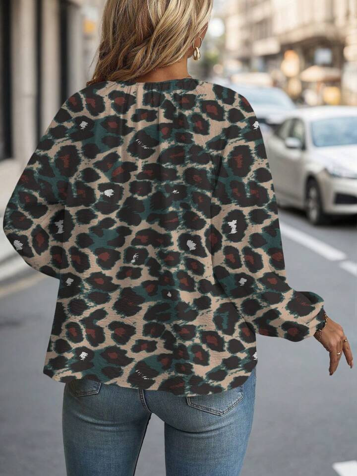 SHEIN LUNE Plus Size Women Leopard Print Tie Front Raglan Sleeve Casual Loose Blouse Shirt | SHEIN