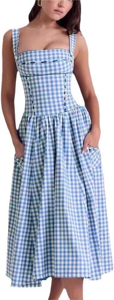 Milkmaid Dress Cottagecore Dress Floral Dress Plaid Dress Ruched Dresses Short Dress V Neck Dress... | Amazon (US)