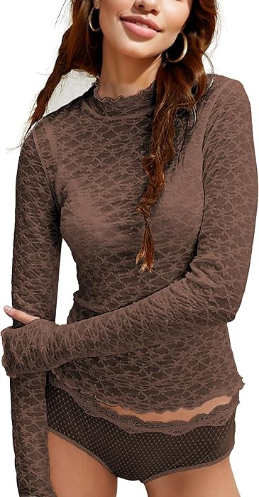 Womens Mesh Long Sleeve Tops Mock Neck Floral Lace Top See Through Shirt Blouse (Black-M) | Amazon (US)