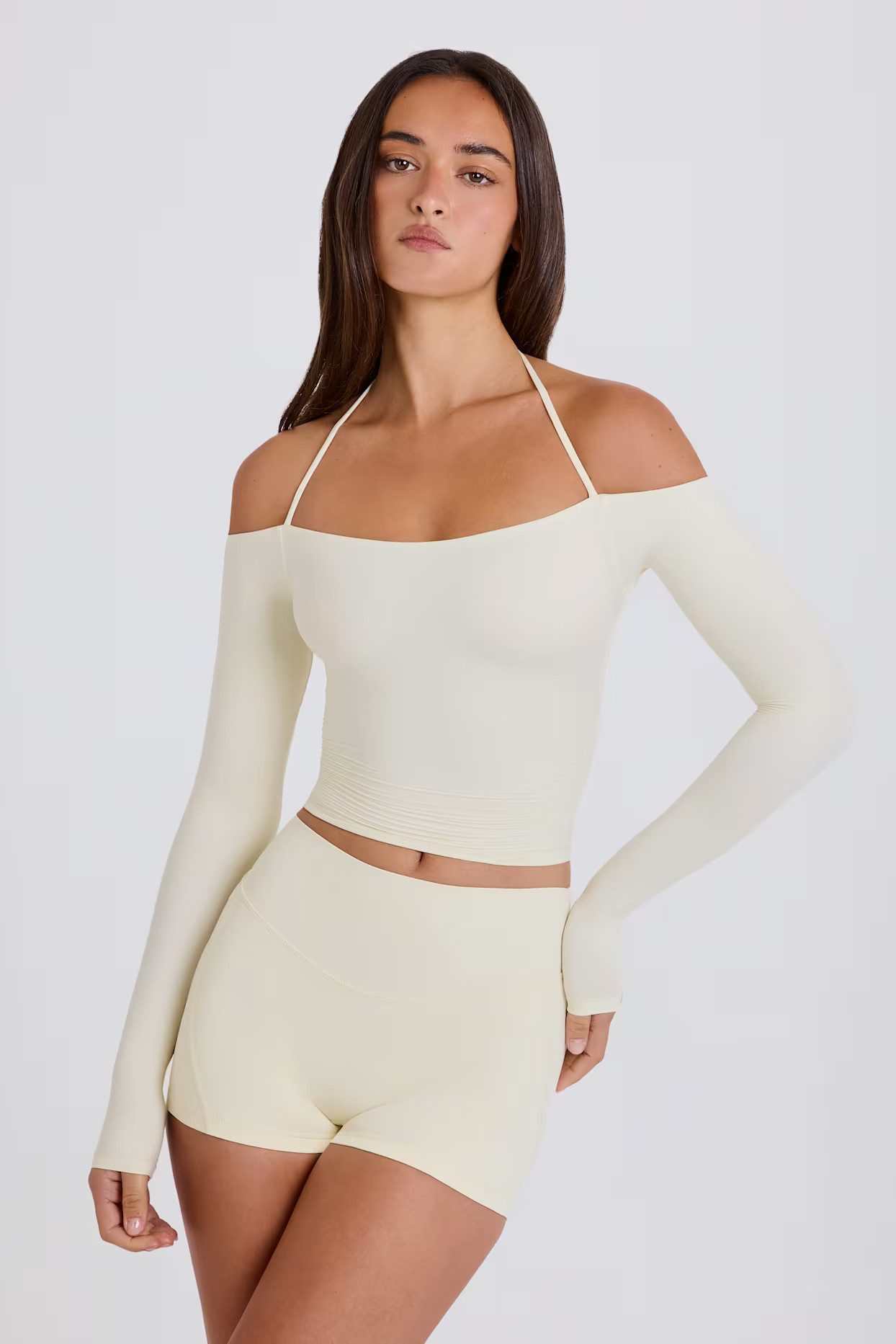 Soft Jersey Off-Shoulder Halterneck Longline Top in Cream | Oh Polly
