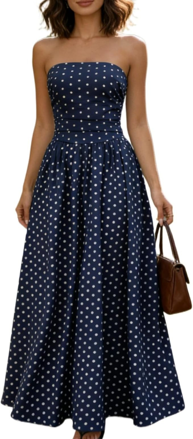 Womens Polka Dots Strapless Summer Dresses, Elastic Back Smocked Beach Vacation Outfits Vintage E... | Amazon (US)