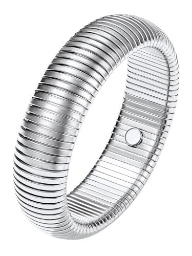 KeyStyle Silver Chunky Bangle Bracelets for women, Stretch Bracelet Omage Link Chain, Stainless Steel Flexible Wide Wristband Stacking Bracelets | Amazon (US)