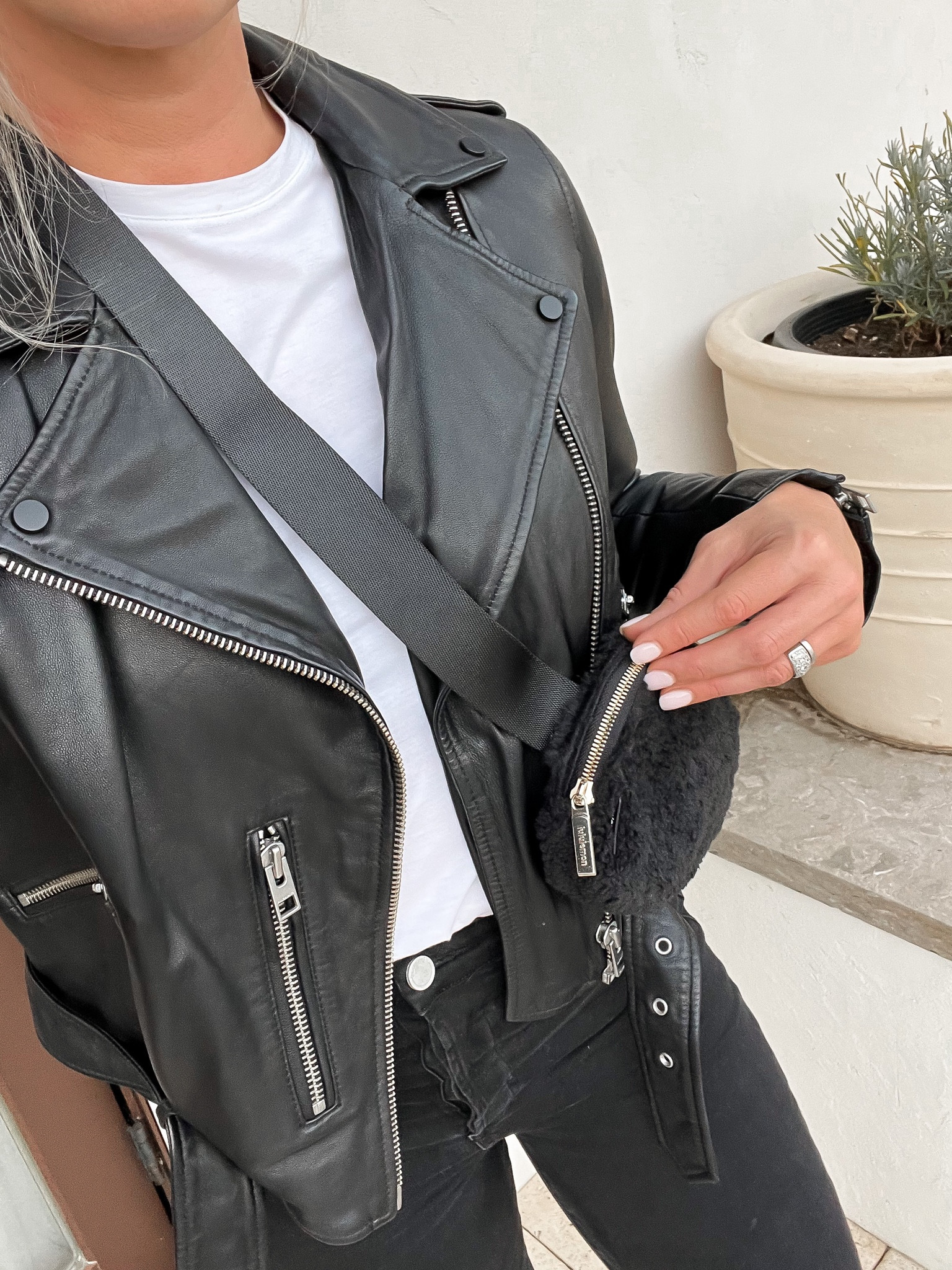 Leather jacket. Fave white T-shirt. Velour belt bag. Date night 

#LTKstyletip #LTKunder100 #LTKSeasonal