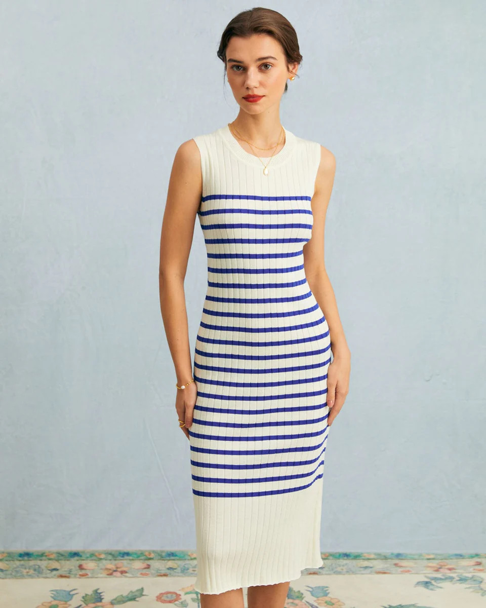 The White Striped Knit Tank Bodycon Midi Dress | rihoas.com