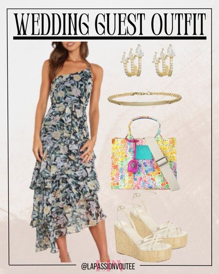 Elevate your wedding guest look with a chic floral one-shoulder dress, complemented by elegant wrap hoop earrings and a gold bracelet. Carry a floral tote bag for a touch of charm, and complete the ensemble with comfortable wedge sandals. Perfect for celebrating love in style!

#LTKSeasonal #LTKStyleTip #LTKWedding