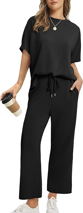 Sampeel Two Piece Sets for Women Summer Outfits Oversized Wide Leg Crop Pants Lounge Sets Airport... | Amazon (US)