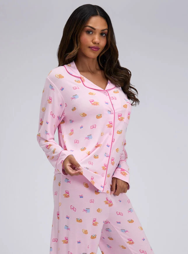 Breakfast print modal long pyjama set - Pink  Mix | Boux Avenue (UK)
