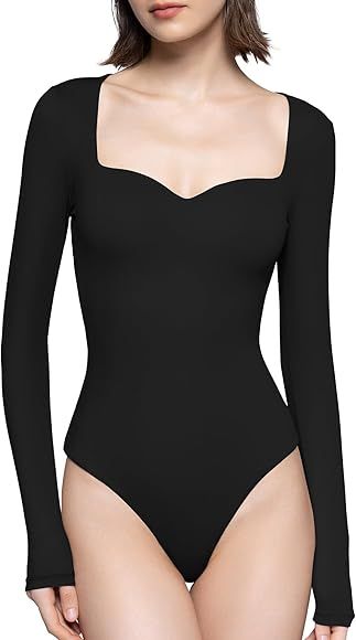 PUMIEY Women's Sweetheart Neck Long Sleeve Bodysuit Slimming Body Suit Going Out Tops Smoke Cloud Co | Amazon (US)