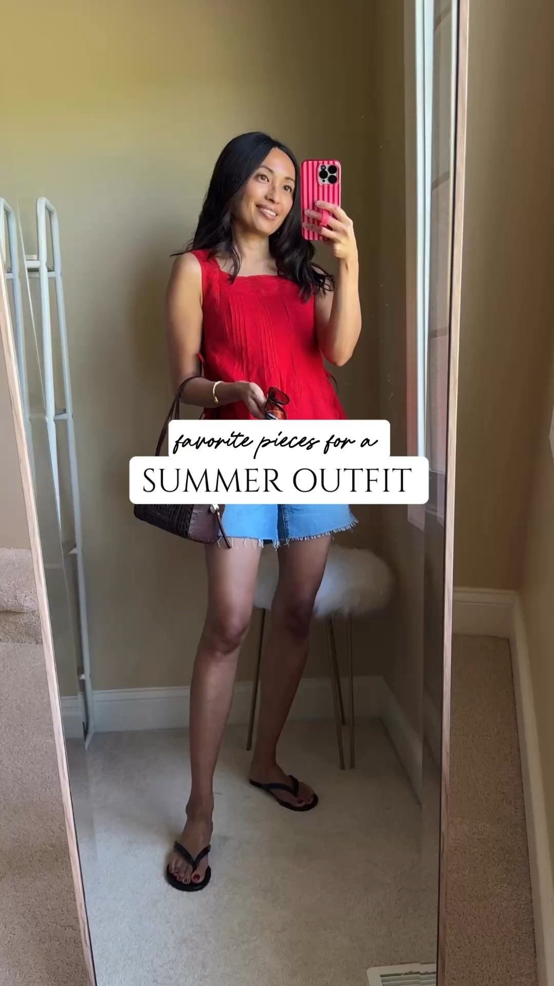 Favorite pieces for a summer outfit. 
- Feminine tank top in easy breezy cotton. Love this red. Also comes in white. True to size. 
- Denim shorts with a good length and comfy fit. I sized up. 
- Classic and chic leather thong sandals. Consider sizing up. 
- Woven bag with the perfect texture for the season. Mini size for everyday essentials. Comes in other colors too. 
- Sunglasses look and feel great. Other colors also available. 
- Gold cuff bangle bracelet. 
- Clean beauty makeup essentials.

#LTKOver40 #LTKootd