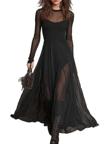 Women's Black Tulle Patchwork Maxi Dress,Black Long Sleeve Maxi Dress,Sheer Dress for Women,Mesh Ruffle Hem Party Formal (Small) | Amazon (US)