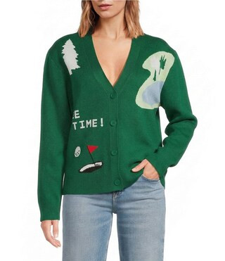 Golf Print V-Neck Long Sleeve Drop Shoulder Cardigan Sweater | Dillard's