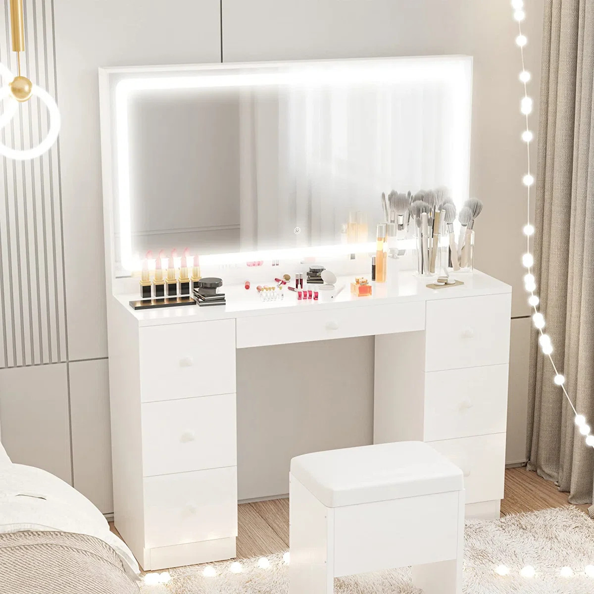 Makeup Vanity Desk with LED Lighted Mirror & Power Outlet & 7 Drawers | Wayfair North America
