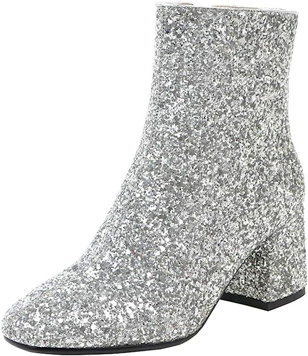 MAVMAX Women's Sequin Glitter Ankle Boots Chunky Heels Sparkly Booties | Amazon (US)