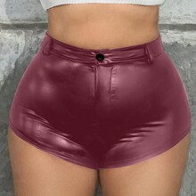 Plus Size Womens Solid Color Pu Leather Shorts | SHEIN