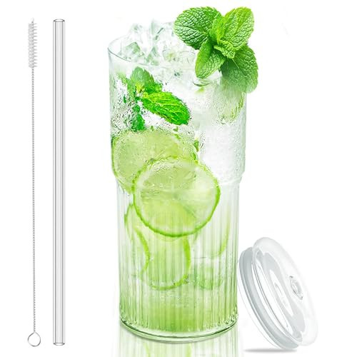Luiaiog Glass Cups with Lids and Glass Straws, High Borosilicate 20OZ Tumblers for Coffee, Tea, Juice, Smoothies, Hot/Cold Drinks at Home, Office | Amazon (US)