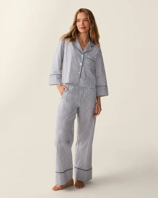 The Celine Poplin Pajama Set in Navy French Ticking L | Petite Plume
