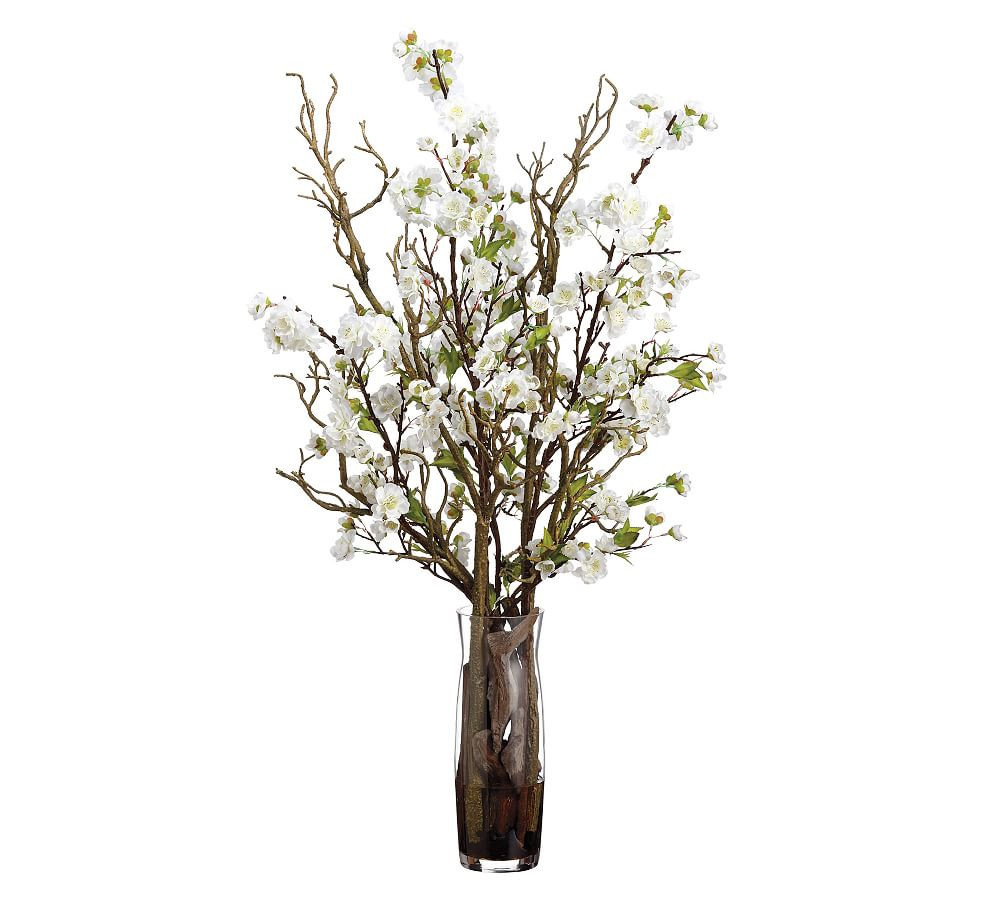Faux Cherry Blossoms With Twigs In Glass Vase | Pottery Barn (US)