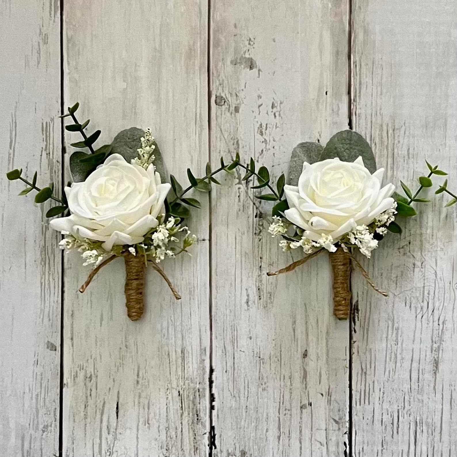 Boho ivory rose boutonniere with eucalyptu, realistic rose wedding boutonnieres, faux silk homeco... | Etsy (Global)